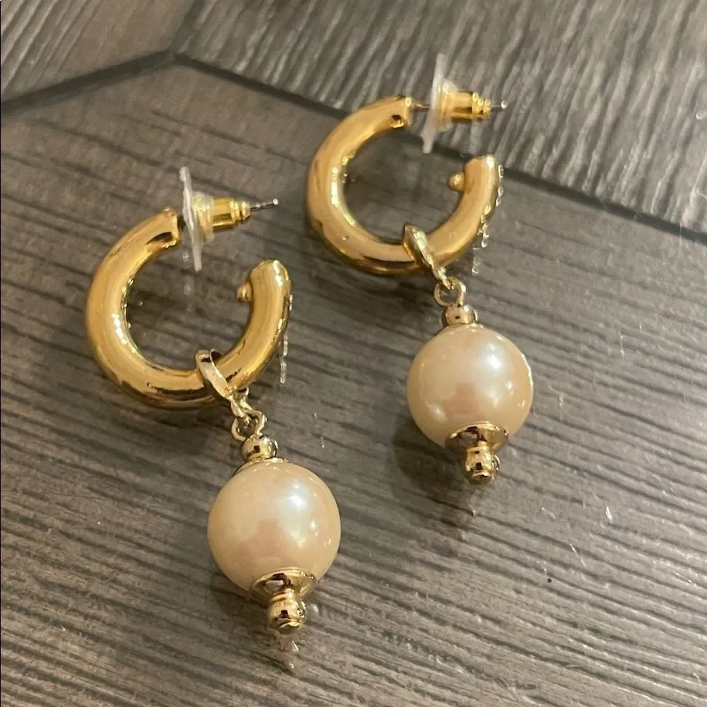 Vintage Gold-tone Hoops with Faux Pearl Charms- Drops - Picture 15 of 16